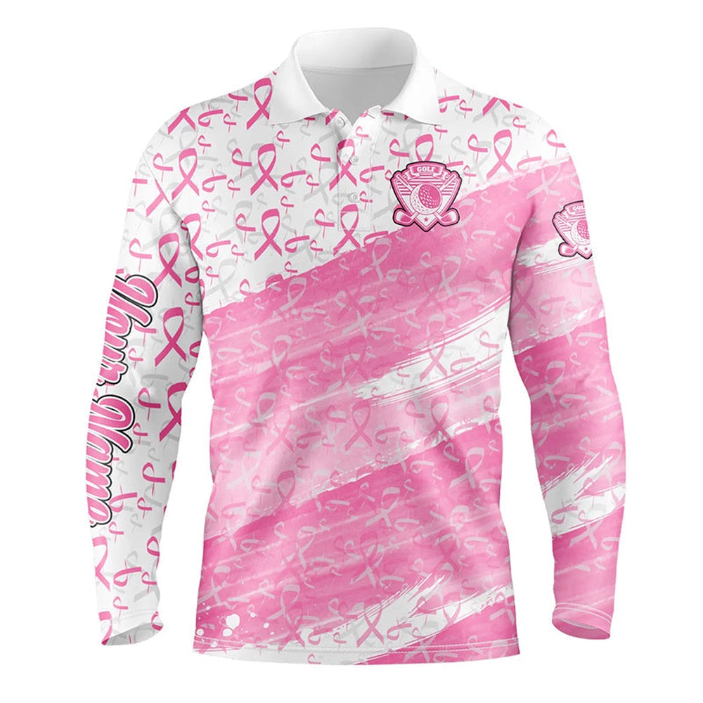 Golf Polo shirts, Mens Golf Polo Shirts Custom White And Pink Ribbon Pattern Breast Cancer Awareness Golf Attire For Men