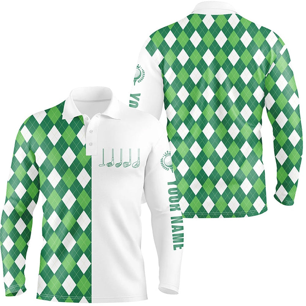 Golf Polo shirts, Mens Golf Polo Shirts Green And White Argyle Plaid Pattern Custom Mens Golf Wear