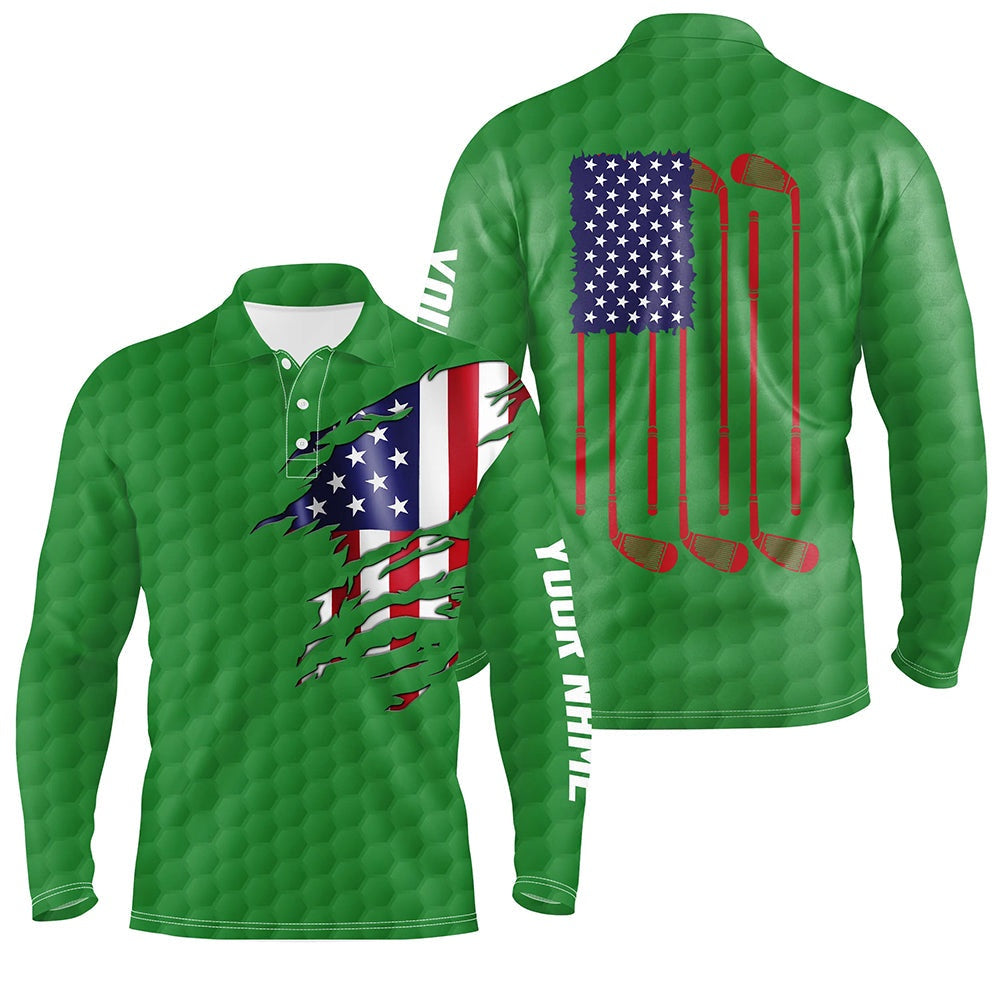 Golf Polo shirts, Mens Golf Polo Shirts Green Golf Ball American Flag Patriotic Golf Clubs Custom Name Golfing Gifts