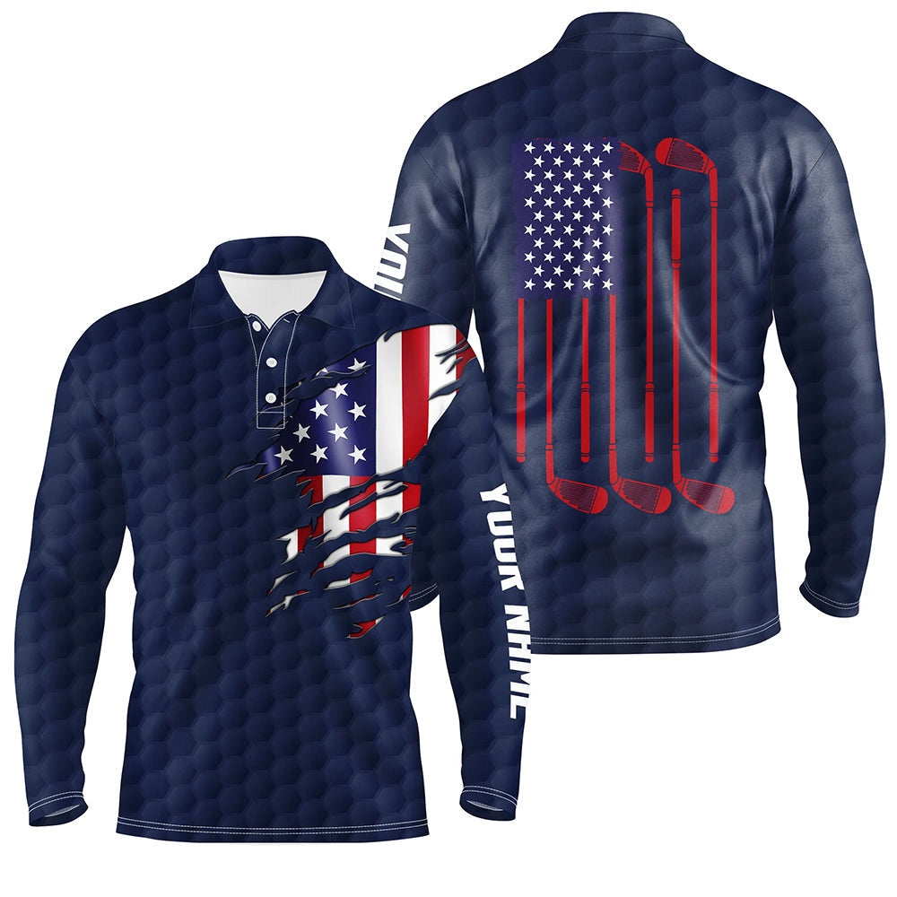 Golf Polo shirts, Mens Golf Polo Shirts Navy Golf Ball American Flag Patriotic Golf Clubs Custom Name Golfing Gifts