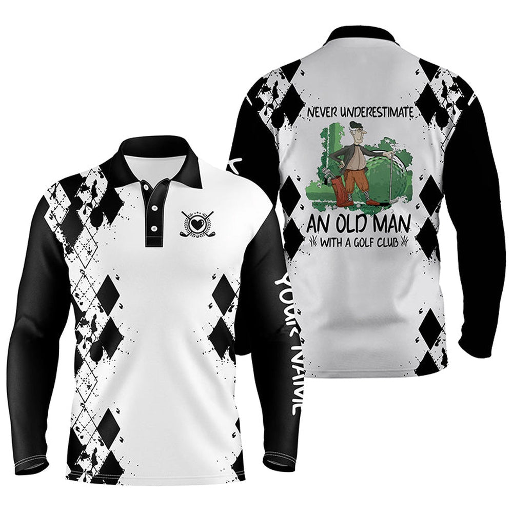 Golf Polo shirts, Mens Golf Polo Shirts Never Underestimate Old Man With A Golf Club Custom Golf Shirts For Men Black