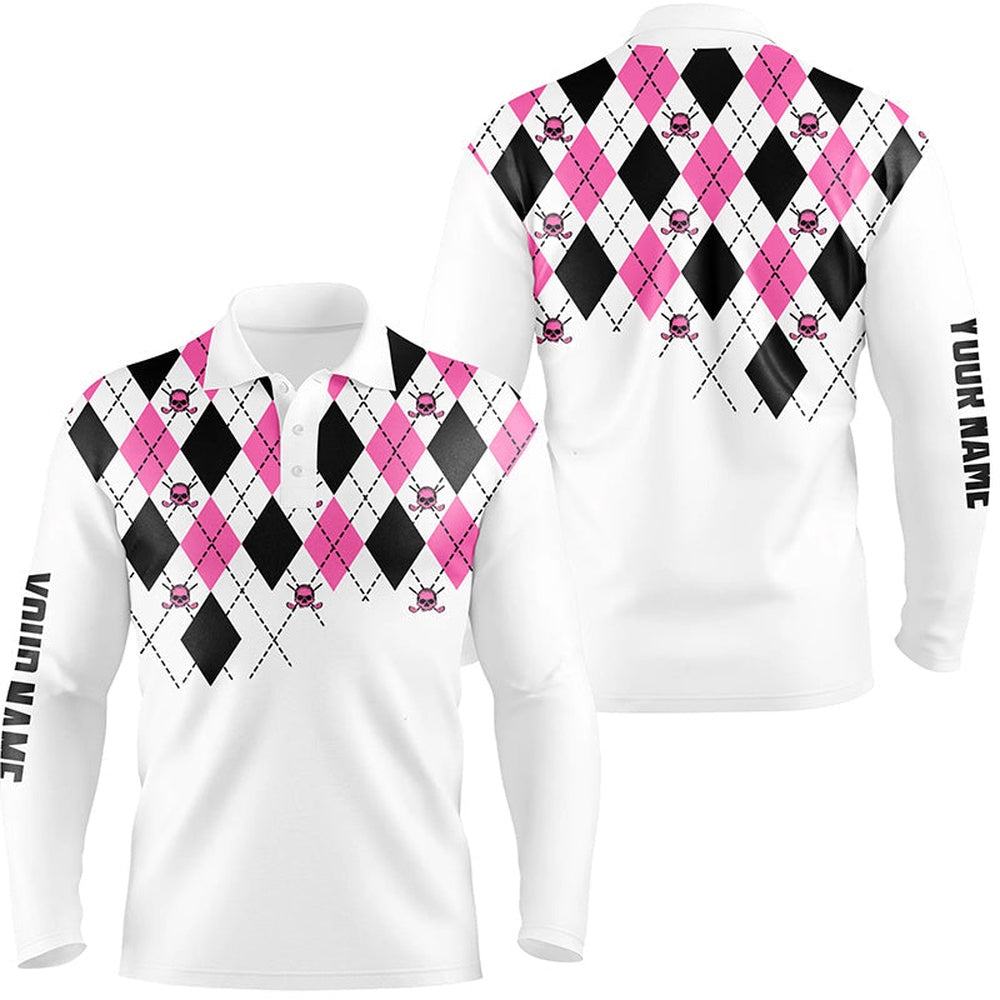 Golf Polo shirts, Mens Golf Polo Shirts Pink And Black Argyle Plaid Golf Skull Pattern Custom White Mens Golf Tops