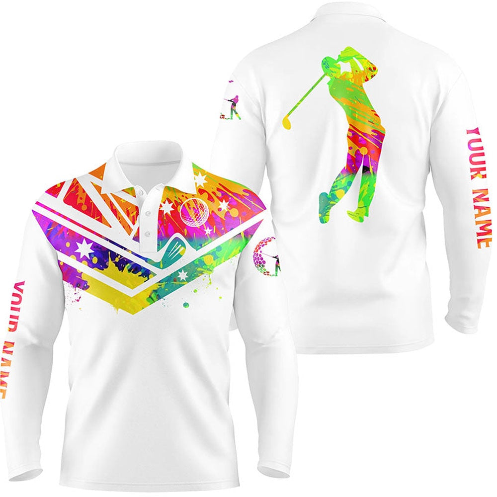 Golf Polo shirts, Mens Golf Polo Shirts Watercolor Australia Flag Custom Name White Golf Shirt