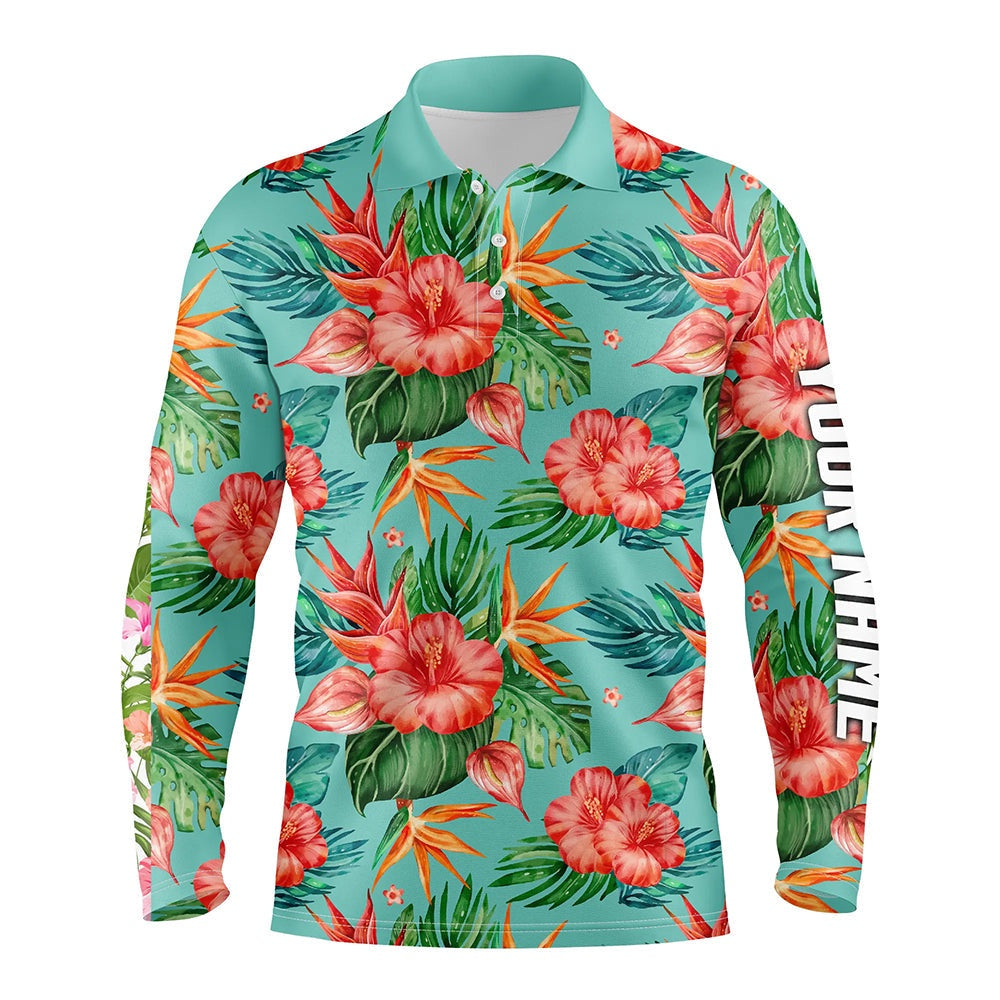Golf Polo shirts, Mens Golf Polos Shirts Custom Green Tropical Flower Hibiscus Pattern Golf Tops For Mens
