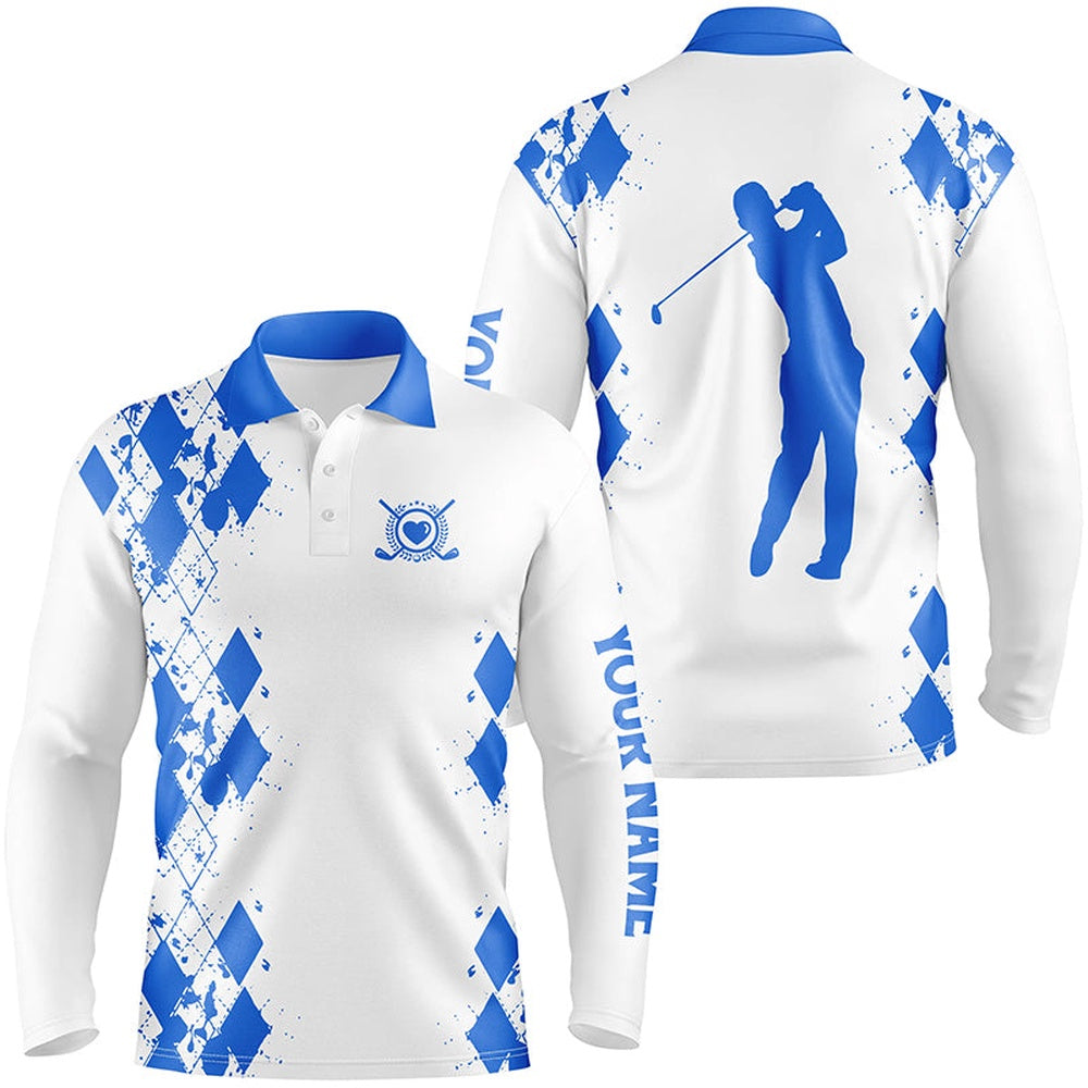 Golf Polo shirts, Mens Golf Polos Shirts Custom Name Swing Swear Repeat White Golf Shirt Blue