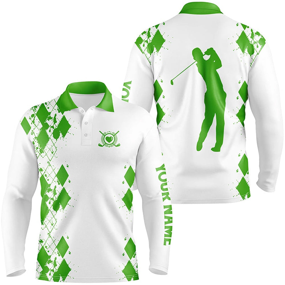 Golf Polo shirts, Mens Golf Polos Shirts Custom Name White Golf Shirt Green