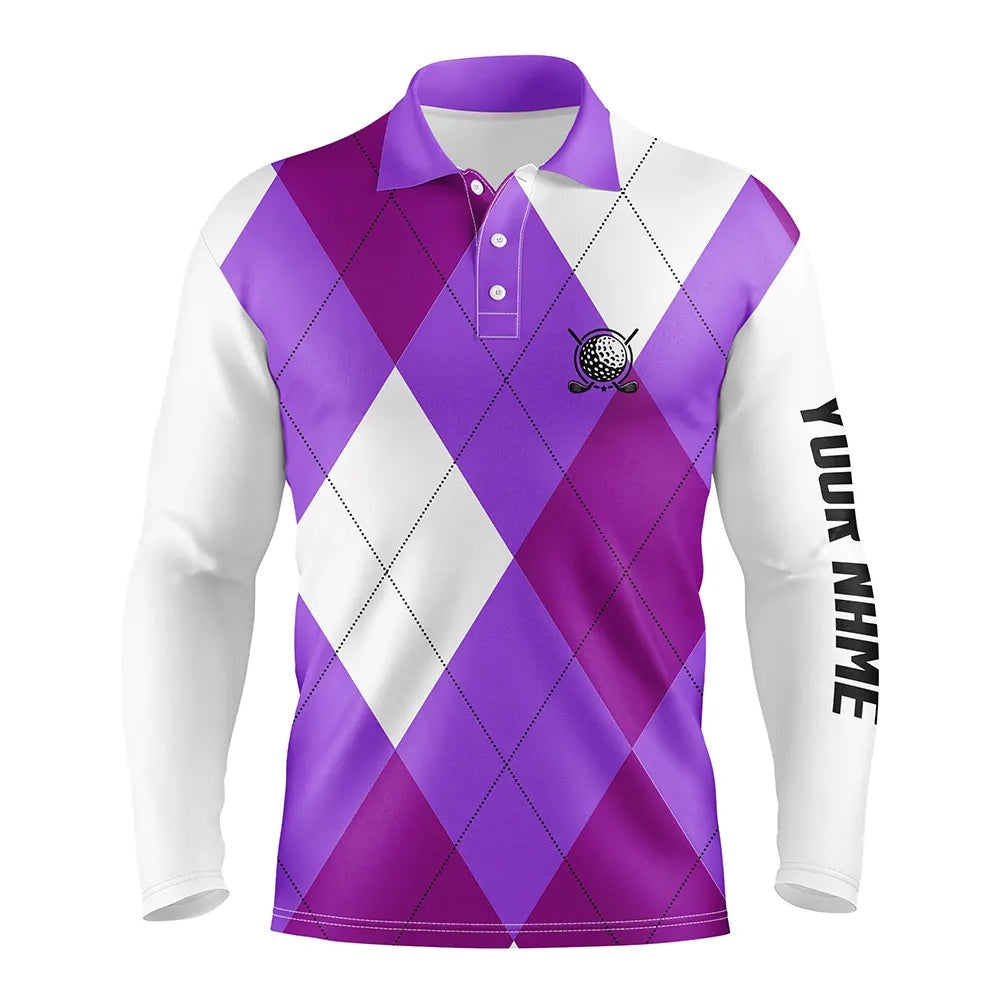 Golf Polo shirts, Mens Golf Polos Shirts Custom Purple And White Golf Argyle Plaid Pattern