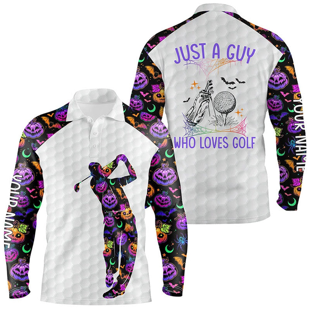 Golf Polo shirts, Mens Halloween Golf Shirt, Multicolored Pumpkins And Bats Golf Shirts For Men, Halloween Golf Gifts
