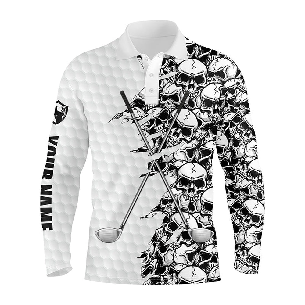 Golf Polo shirts, Mens Long Sleeve Golf Tops Polo White Pattern Skull Golf Clubs Custom Name Golf Performance Shirts