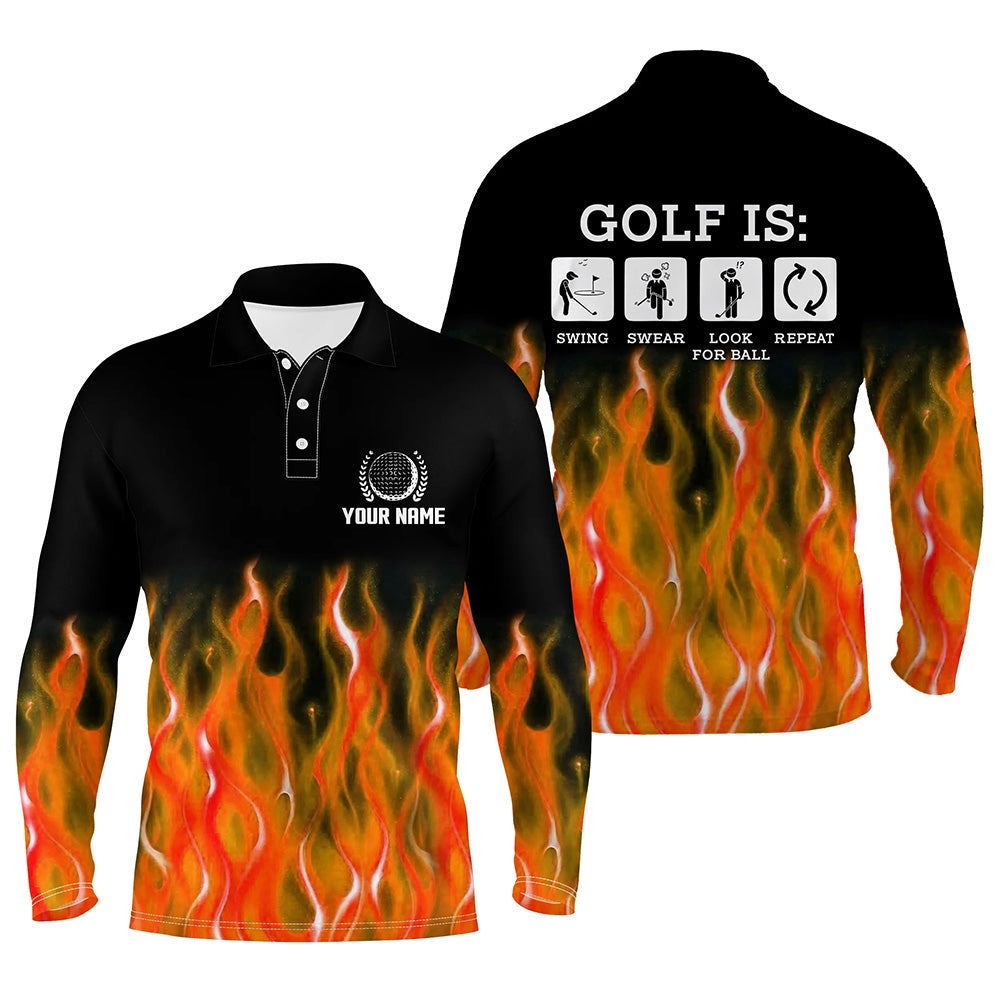 Golf Polo shirts, Mens Orange Flame Golf Polo Shirts, Personalized Fire Golf Shirts For Men, Best Golfing Gifts