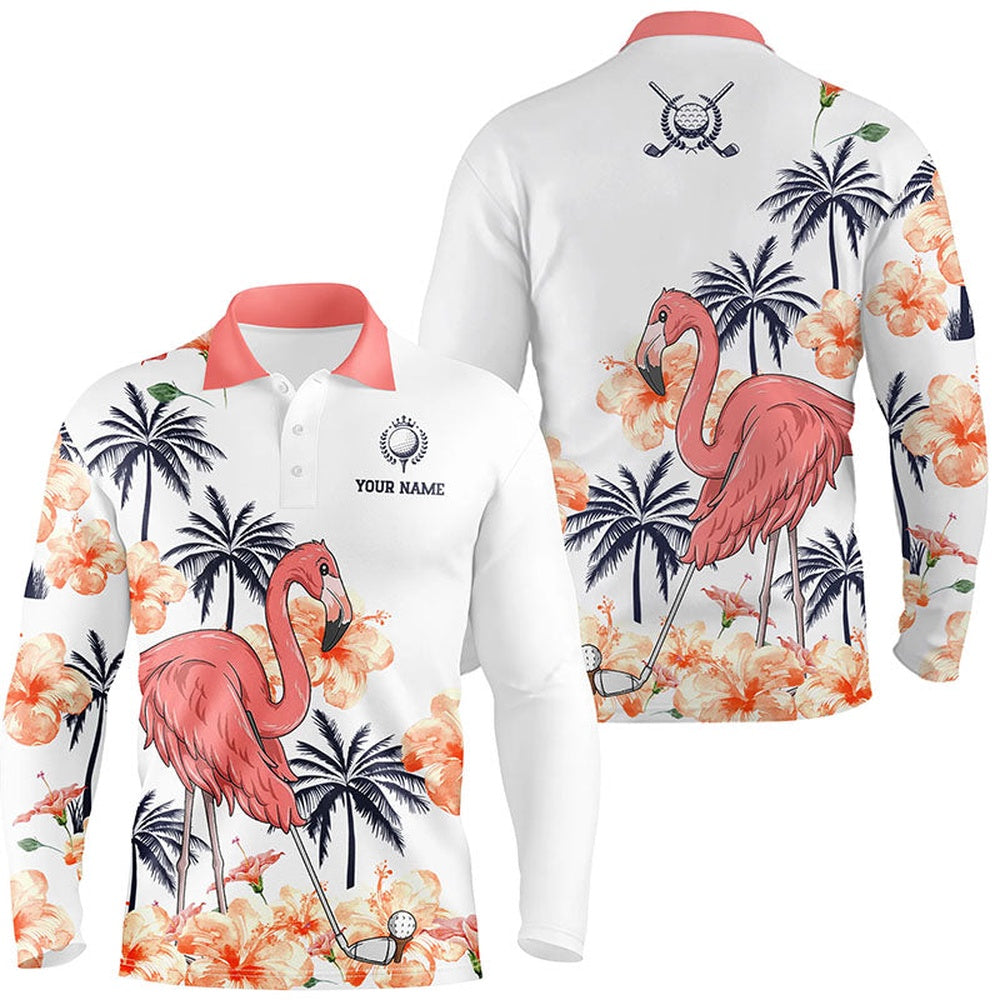 Golf Polo shirts, Mens Pink Tropical Golf Polo Shirts, Personalized Flamingo Golf Shirts For Men