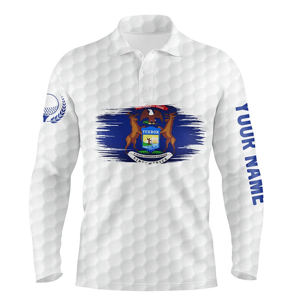 Golf Polo shirts, Michigan Flag White Golf Ball Pattern Mens Polo Shirt Custom Patriotic Golf Shirts For Men