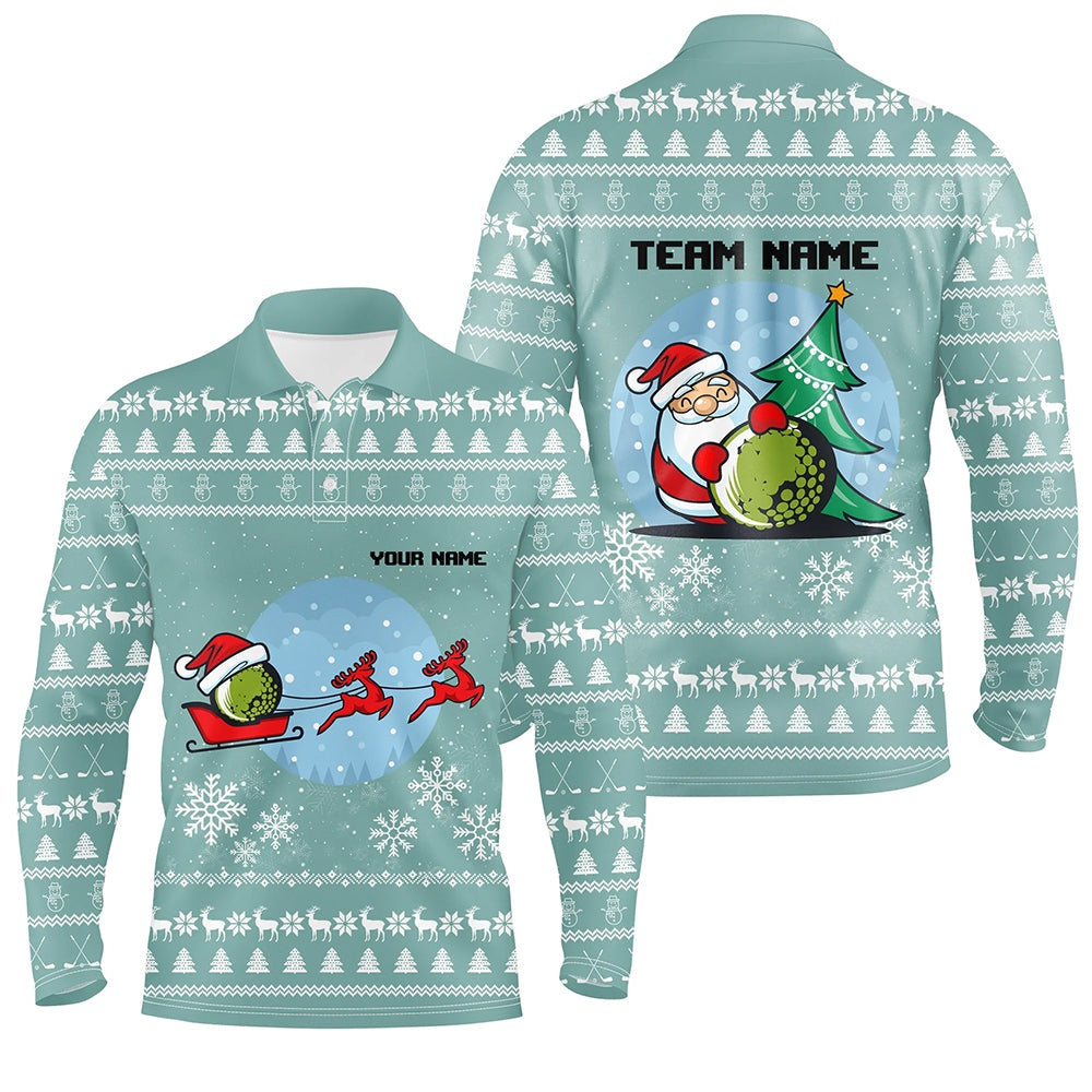 Golf Polo shirts, Mint Christmas Mens Golf Polo Shirts With Reindeer & Santa Custom Golf Tops For Men Golfing Gifts
