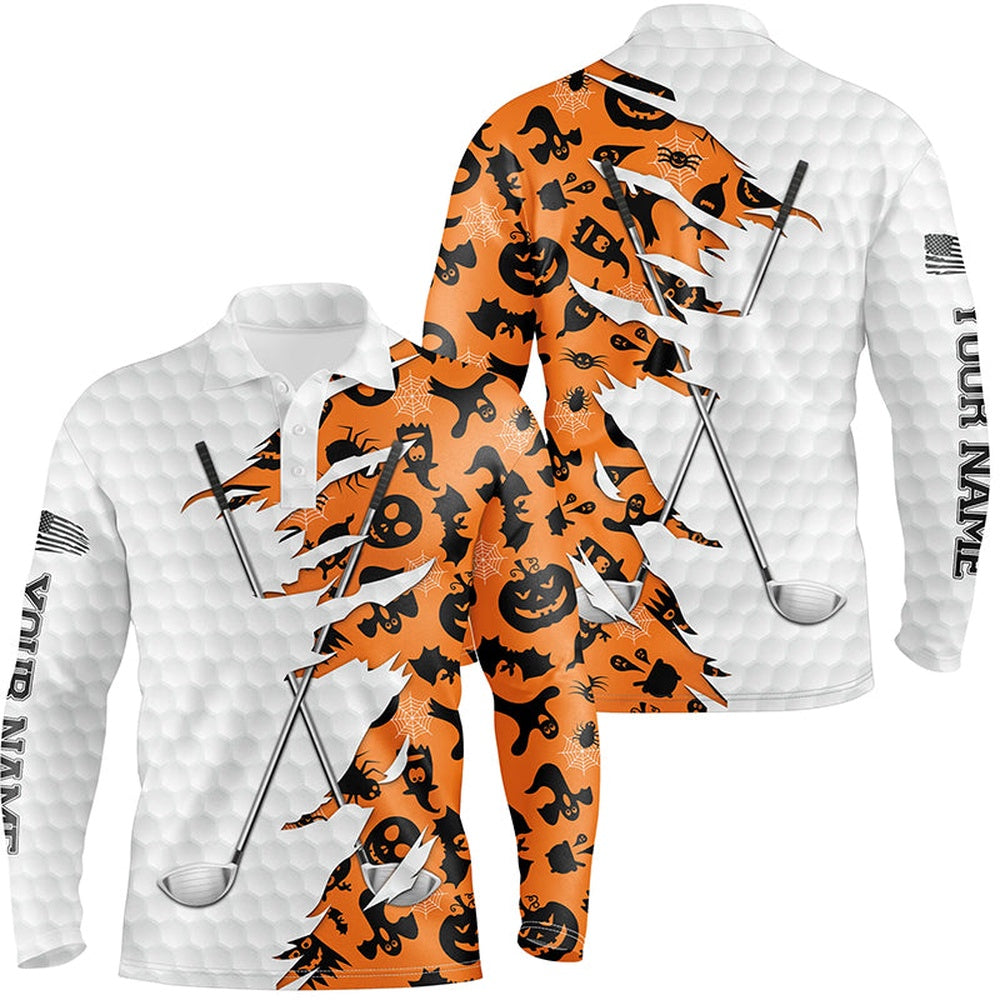 Golf Polo shirts, Orange Halloween Golf Pattern White Golf Ball Skin Men Golf Polo Shirts Custom Golf Clubs Outfit Men