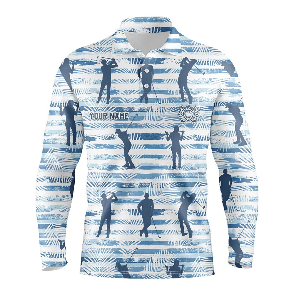 Golf Polo shirts, Personalized Blue Stripe Palm Leaves Mens Golf Polo Shirt Tropical Golf Shirts For Men Golf Gifts