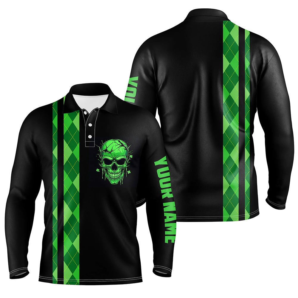 Golf Polo shirts, Personalized Green Argyle Plaid Skull Mens Golf Polo Shirts, Custom Black Golf Apparel For Mens