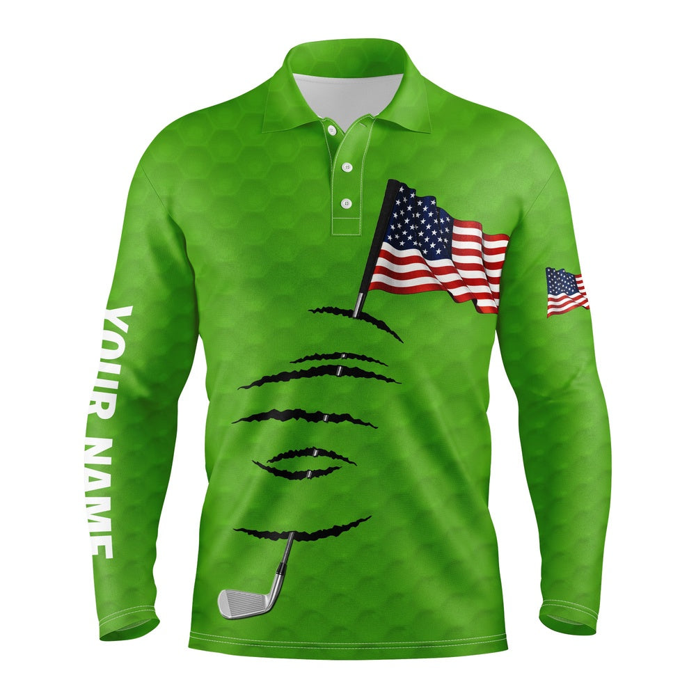 Golf Polo shirts, Personalized Green Golf Polos Shirt For Men American Flag Th July Custom Name Gifts For Golf Lovers