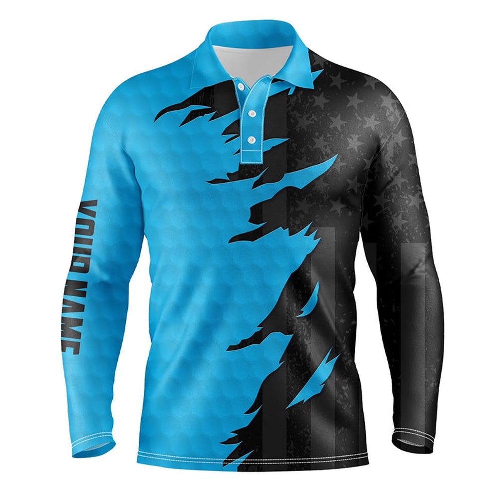 Golf Polo shirts, Personalized Mens Golf Polos Shirts Custom Blue Golf Ball Skin Black American Flag Mens Golf Apparel