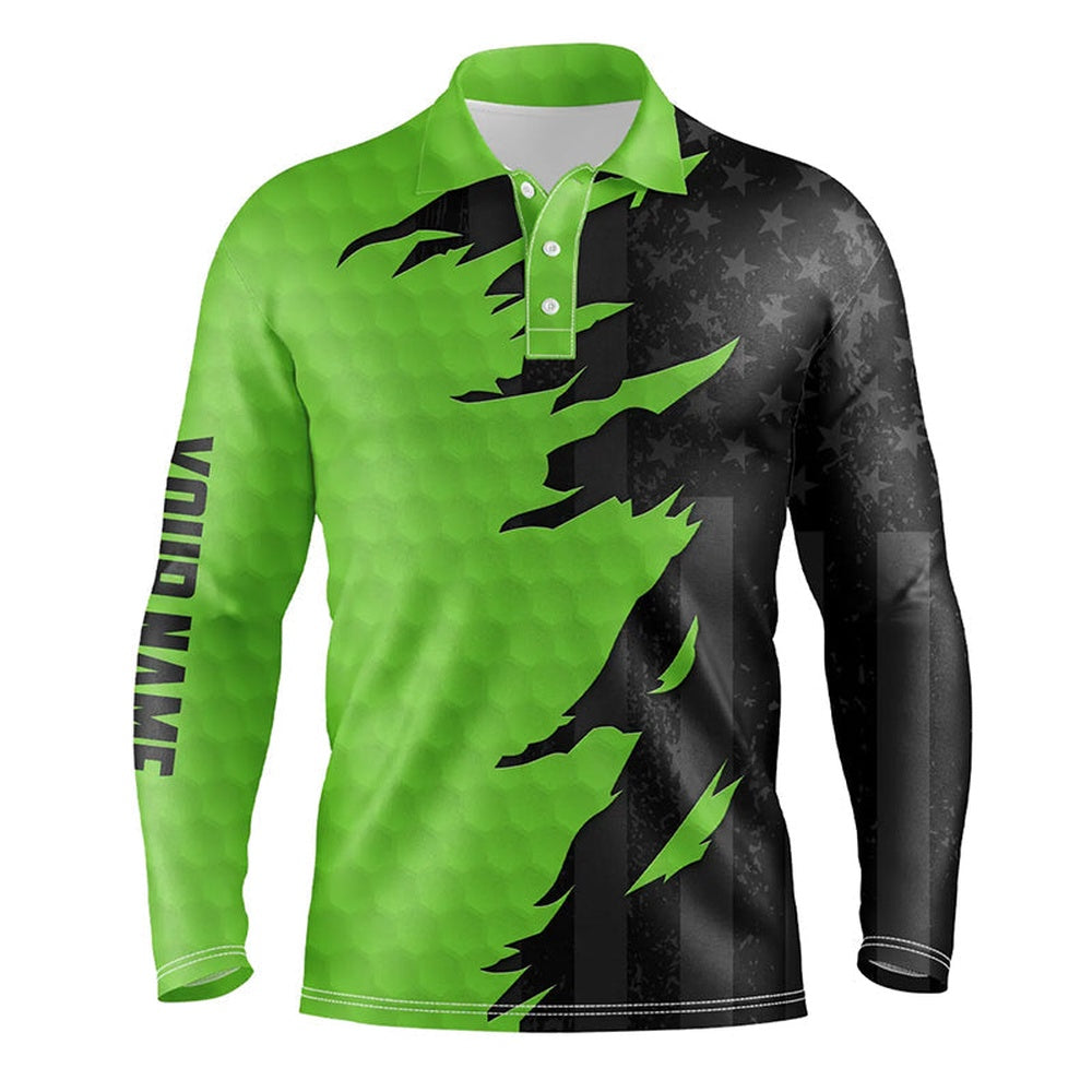 Golf Polo shirts, Personalized Mens Golf Polos Shirts Custom Green Golf Ball Skin Black American Flag Mens Golf Apparel
