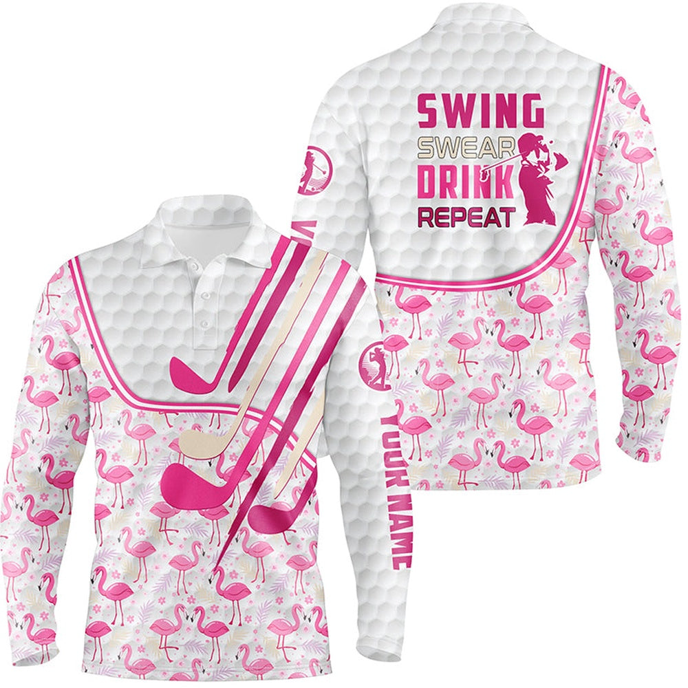 Golf Polo shirts, Personalized Pink Flamingo Pattern Golf Clubs Polo Shirt For Men Custom Swing, Swear, Drink, Repeat