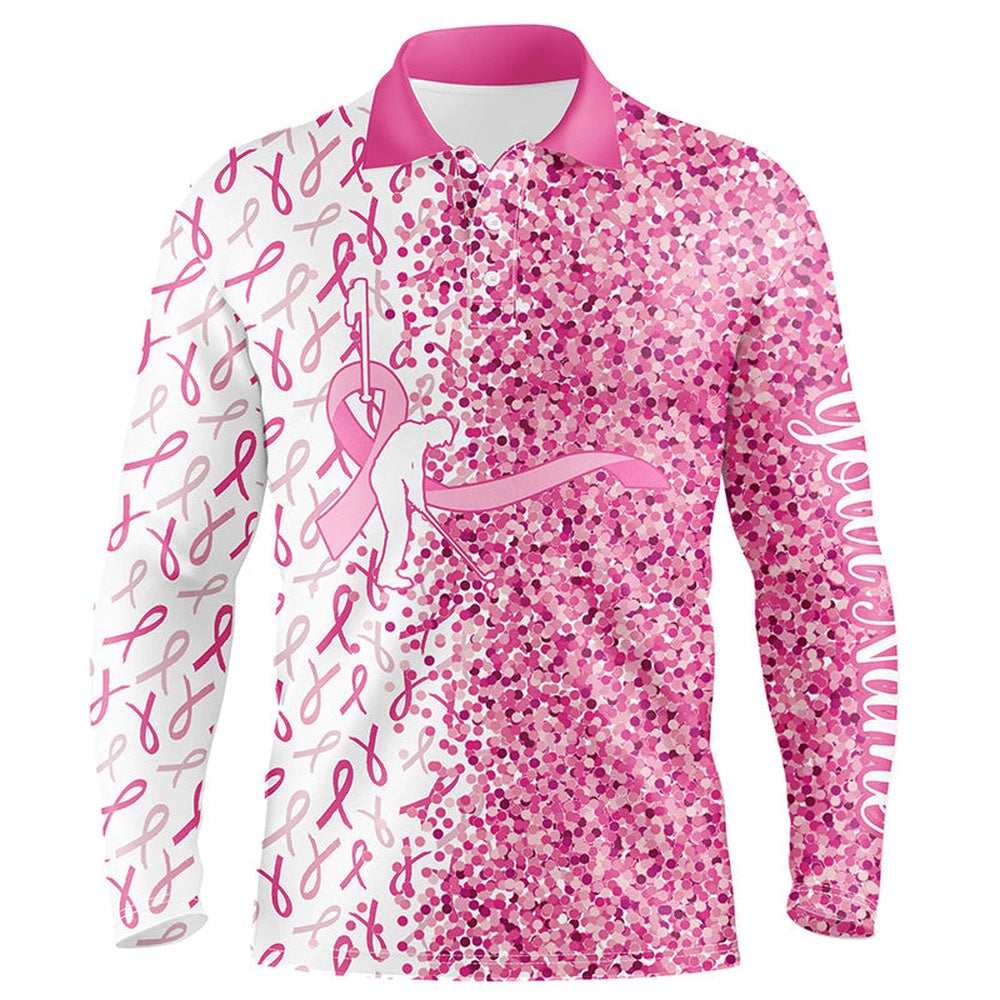 Golf Polo shirts, Pink Glitter Ribbon Men Golf Polo Shirts Custom Breast Cancer Golf Shirts For Men, Gifts For Golfer