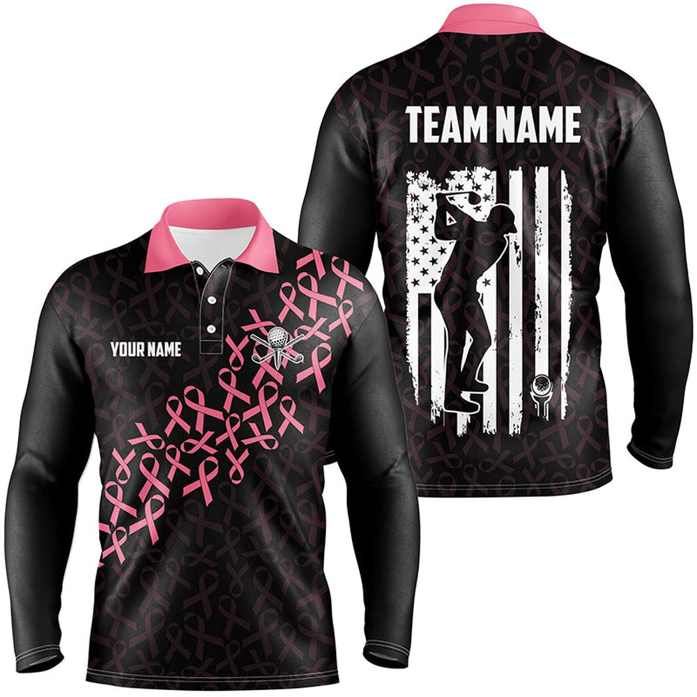 Golf Polo shirts, Pink Ribbons Breast Cancer Awareness Mens Golf Polo Shirts Custom American Flag Golf Apparel For Mens