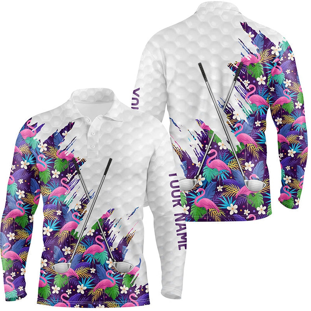Golf Polo shirts, Purple Flamingo Tropical Pattern Custom Name White Mens Golf Polo Shirts, Team Mens Golf Tops