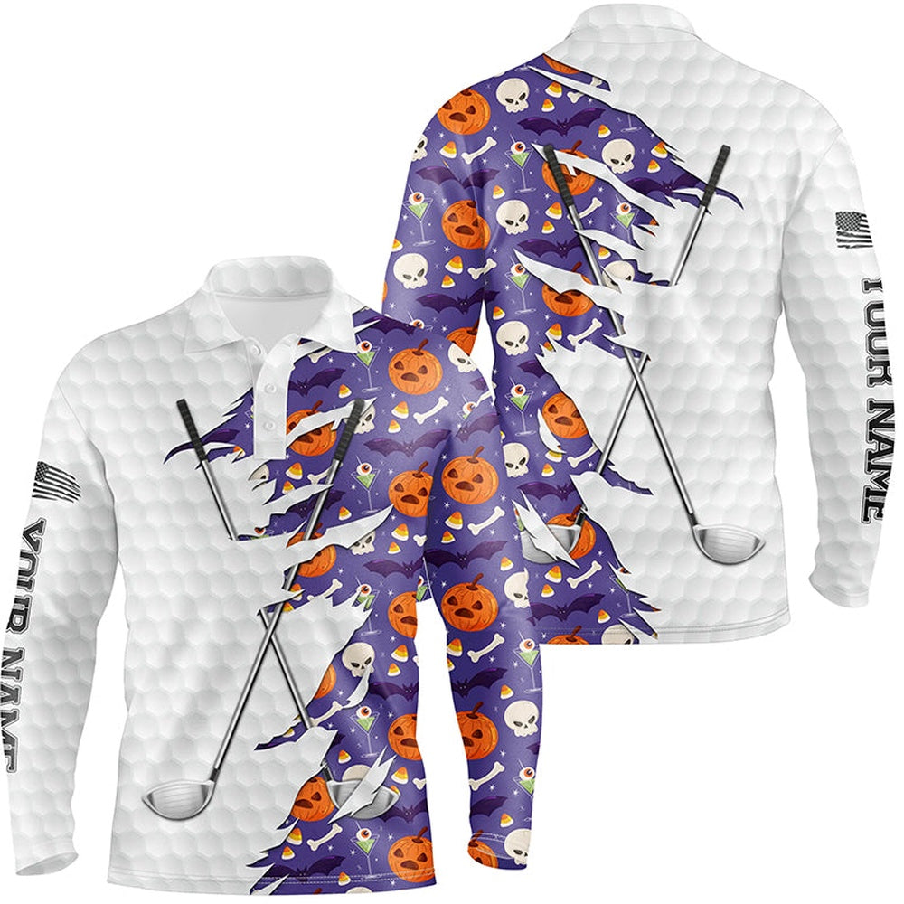 Golf Polo shirts, Purple Halloween Golf Pattern White Golf Ball Skin Men Golf Polo Shirts Custom Golf Clubs Outfit Men