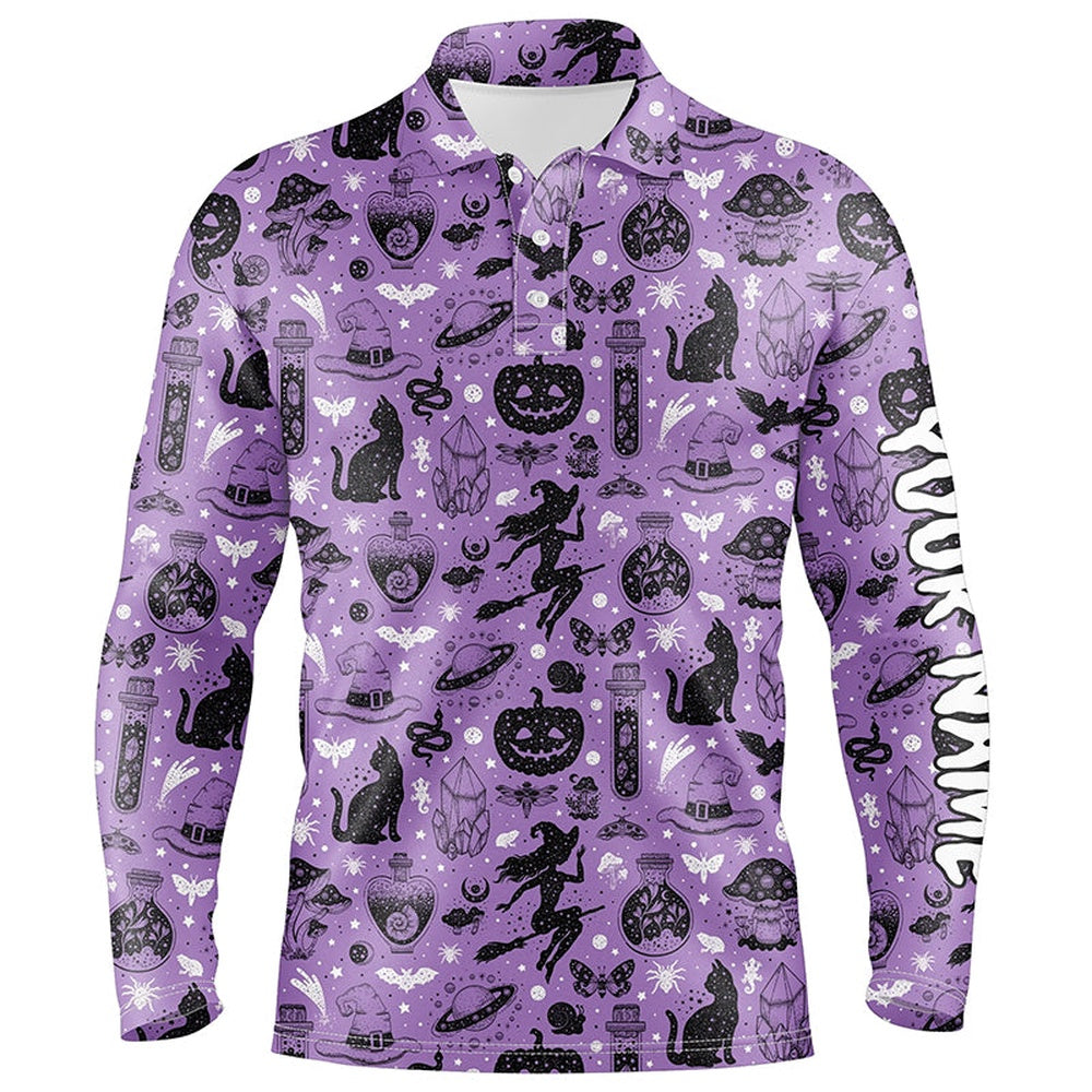 Golf Polo shirts, Purple Halloween Seamless With Pumpkin Cat Witch Funny Magic Halloween Golf Shirts For Men
