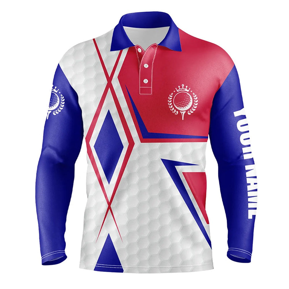 Golf Polo shirts, Red, White And Blue Argyle Plaid Mens Golf Polo Shirts Custom Name Team Golf Shirts For Mens