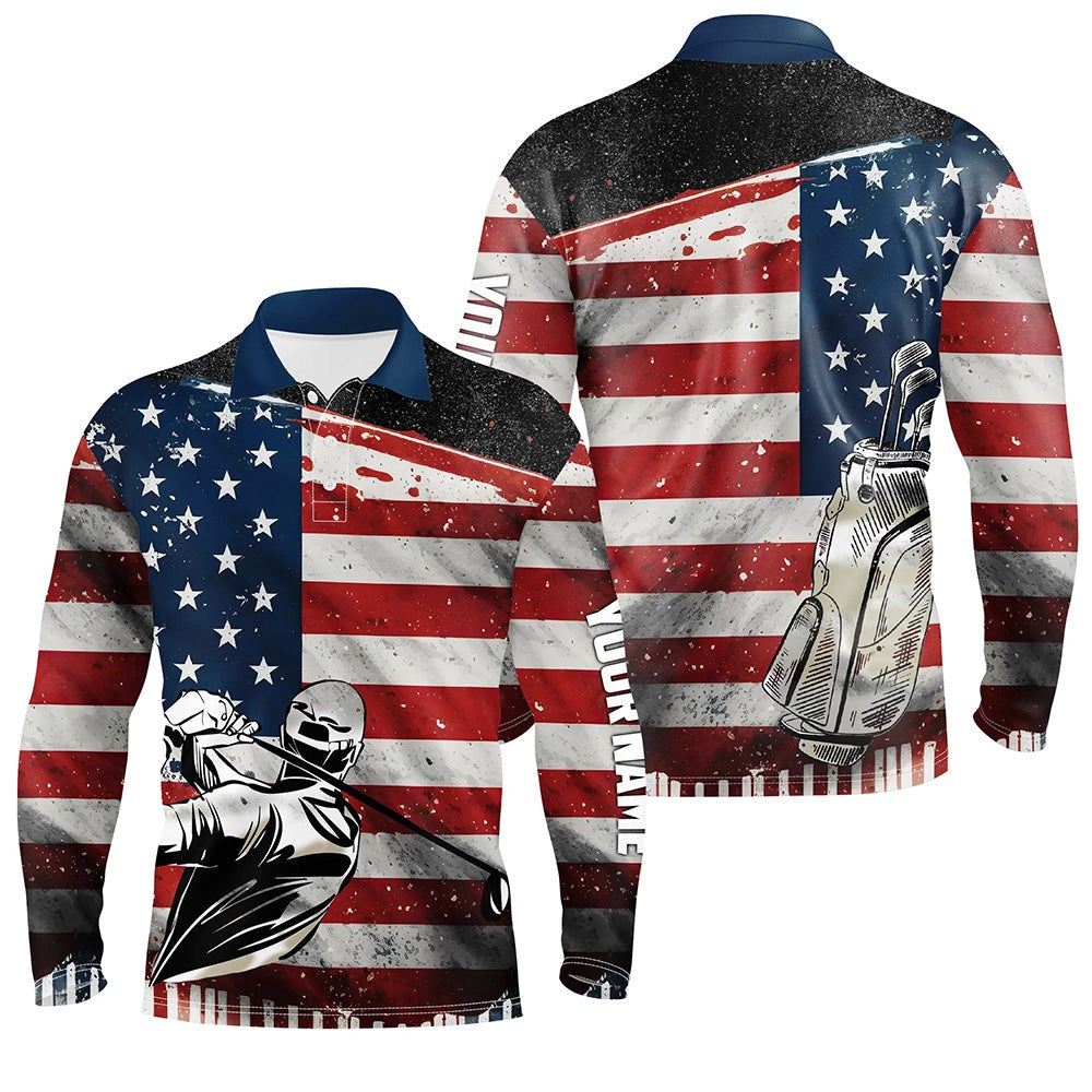 Golf Polo shirts, Retro American Flag Golf Mens Polo Shirts Custom Name Patriotic Golf Tops For Men Golf Gifts