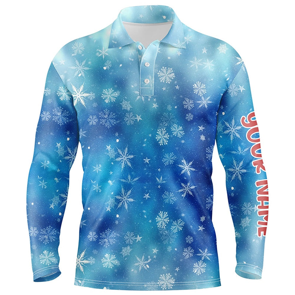 Golf Polo shirts, Snowflakes And Blurred Lights Blue Christmas Golf Men Polo Shirts Custom Golf Shirts For Men