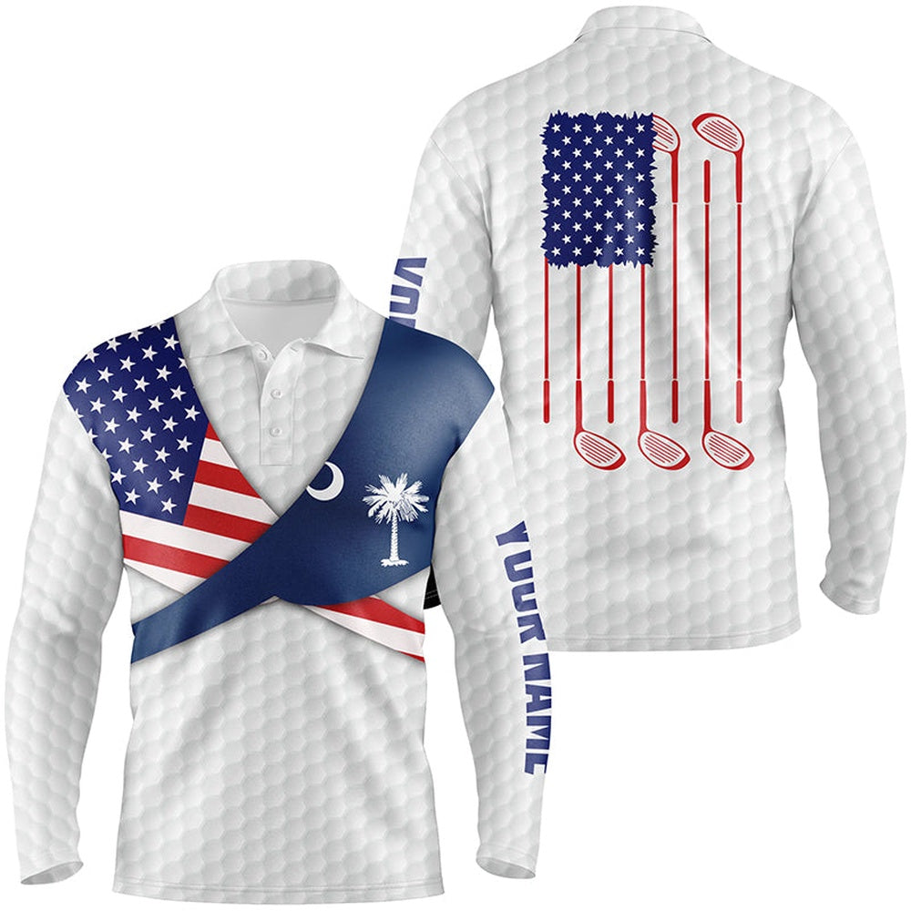 Golf Polo shirts, South Carolina Flag White Golf Pattern Mens Polo Shirt Patriotic Men Golf Shirts Golf Gifts