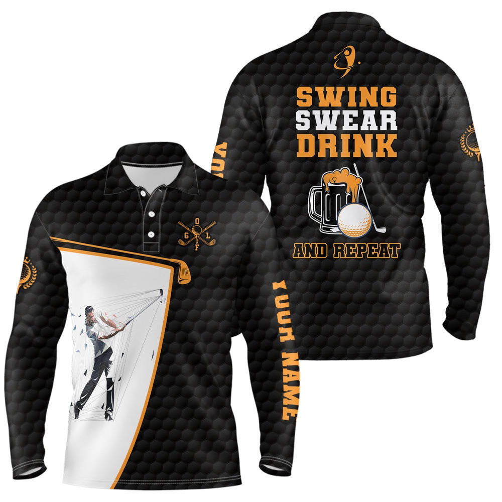 Golf Polo shirts, Swing Swear Drink And Repeat Black Mens Golf Polo Shirt Custom Beer Golf Shirts For Men Golf Gifts