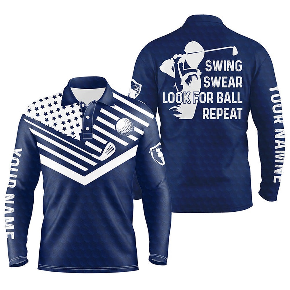 Golf Polo shirts, Swing Swear Look For Ball Repeat American Flag Custom Name Team Golf Polo Shirts Navy Blue