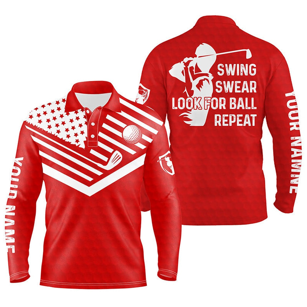 Golf Polo shirts, Swing Swear Look For Ball Repeat American Flag Custom Name Team Golf Polo Shirts Red