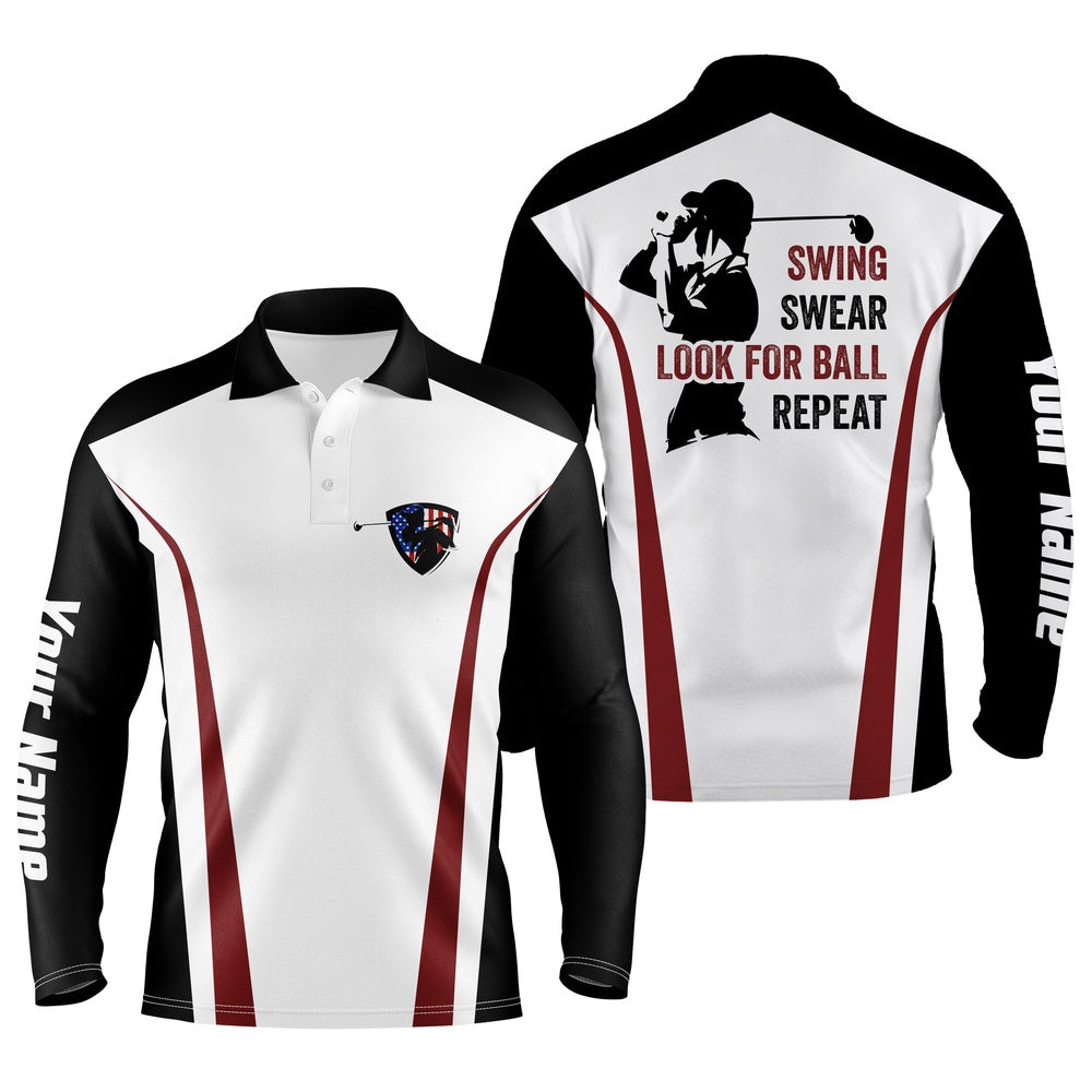Golf Polo shirts, Swing Swear Look For Ball Repeat Custom Name Funny Black, White, Red Mens Golf Polo Shirt