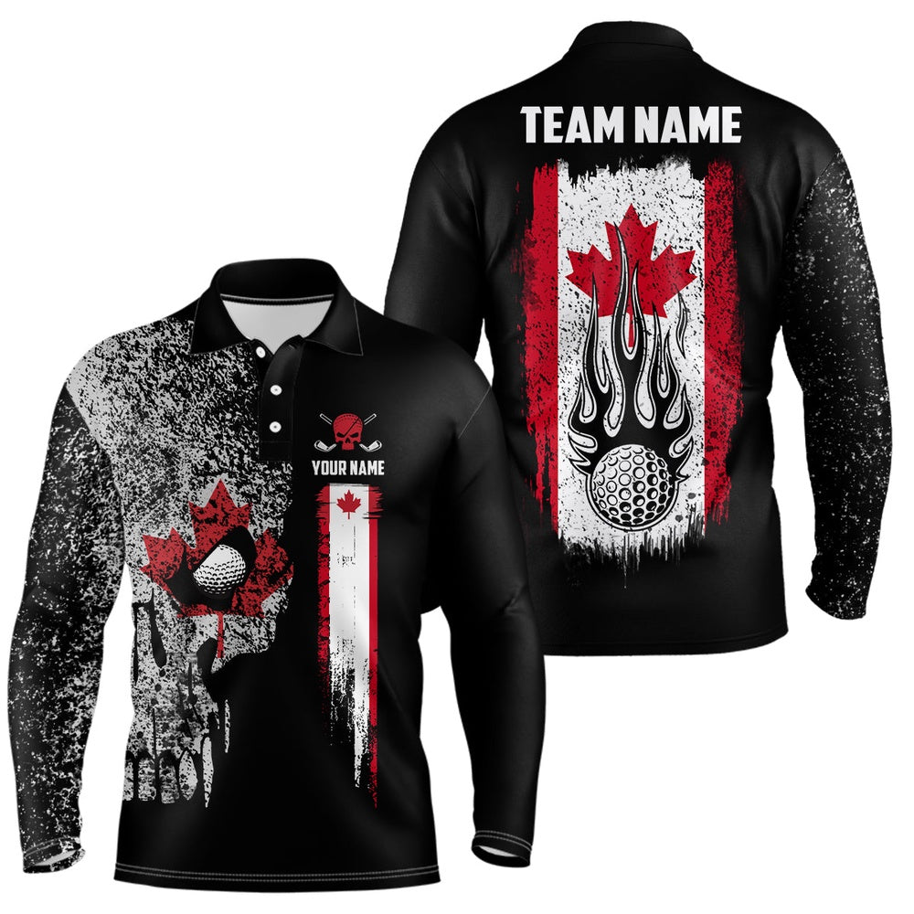 Golf Polo shirts, Vintage Canada Flag Skull Mens Golf Polo Shirt Custom Patriotic Scary Golf Shirts For Men Golf Gifts