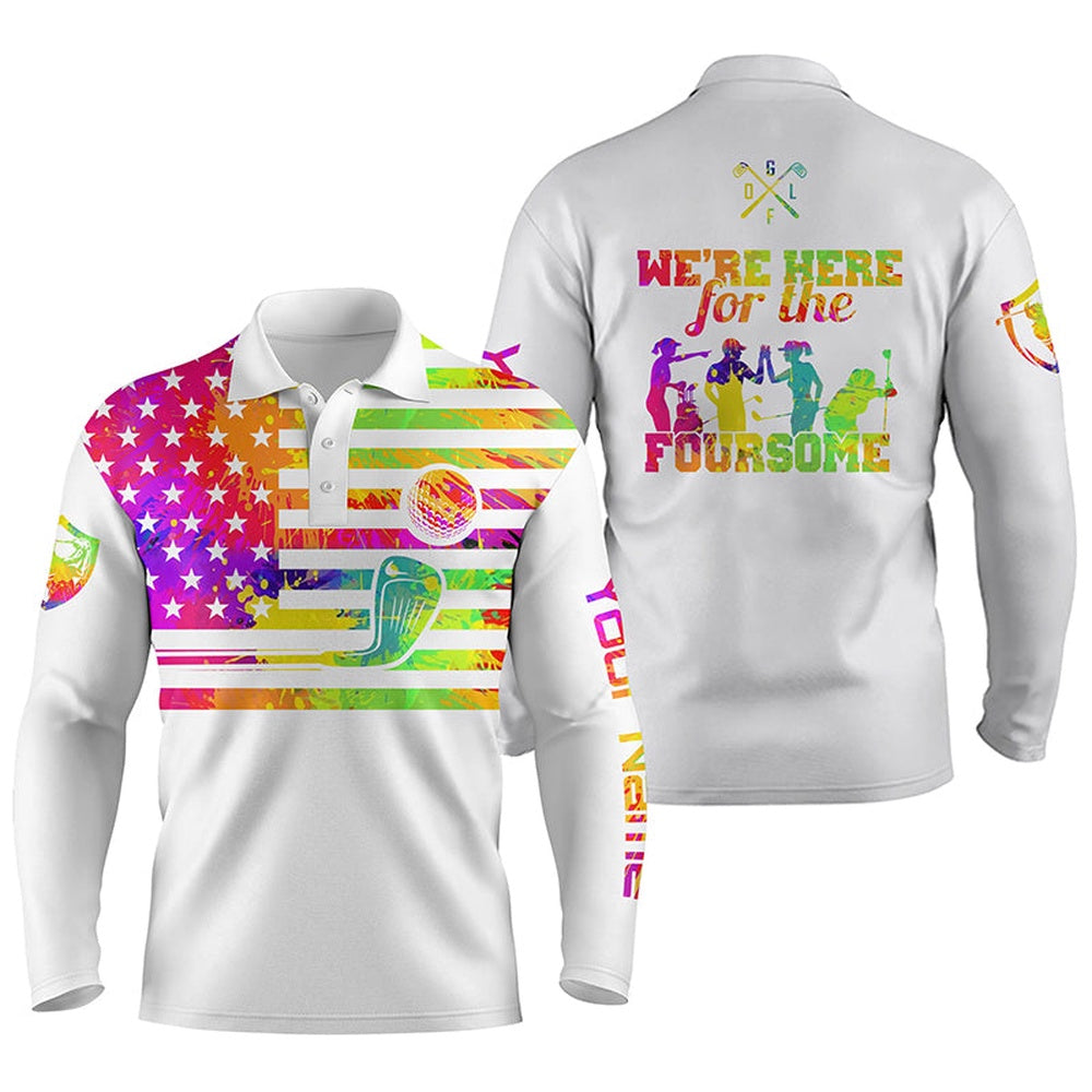 Golf Polo shirts, Watercolor American Flag Mens Golf Polo Shirts Custom Name We'Re Here For The Foursome Golf Gifts