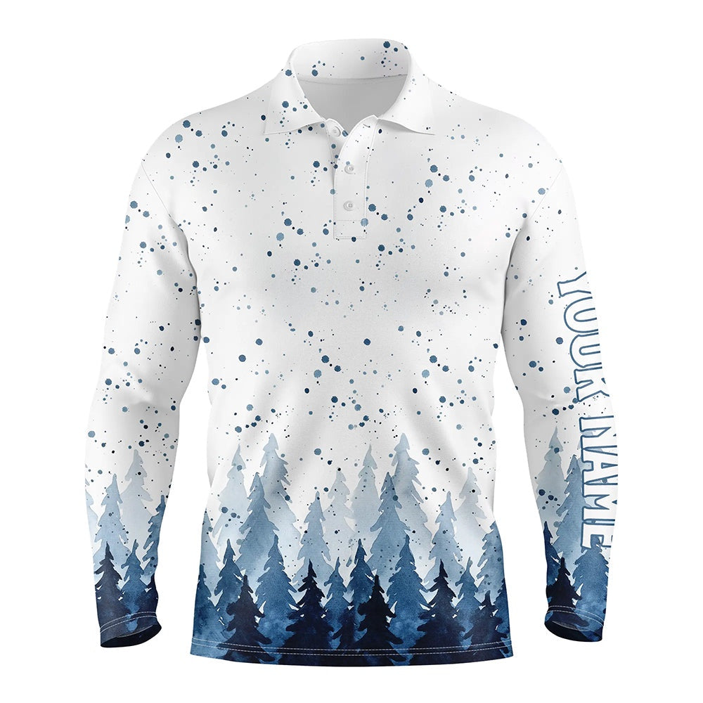 Golf Polo shirts, Watercolor Blue Christmas Trees & Snowfall Men Golf Polo Shirts Winter Golf Shirts For Men