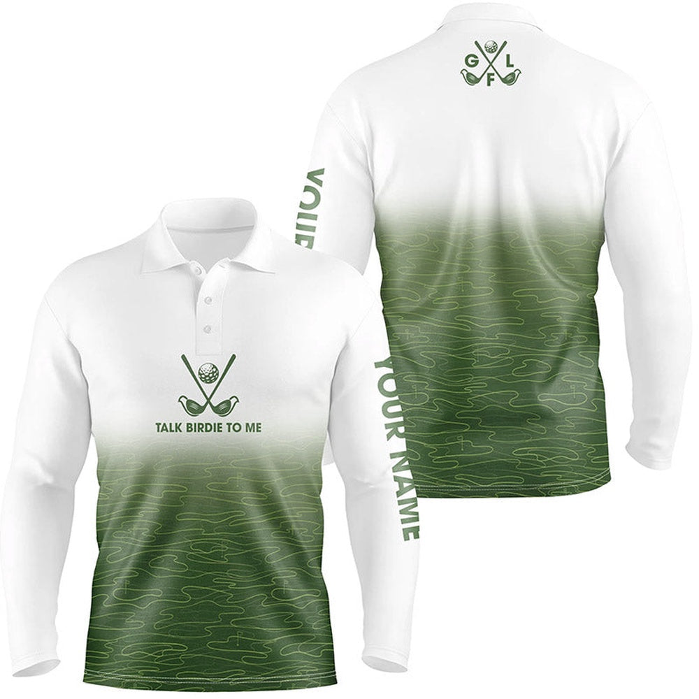 Golf Polo shirts, White And Green Golf Course Pattern Mens Golf Polo Shirt Custom Talk Birdie To Me Mens White Golf Tops