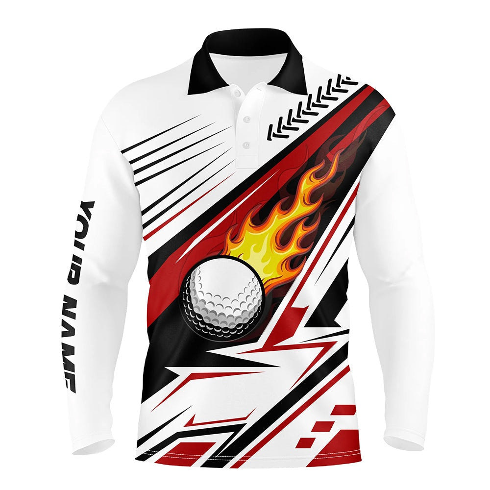 Golf Polo shirts, White Golf Ball Flame Mens Golf Polo Shirt Custom Golf Apparel For Mens Red