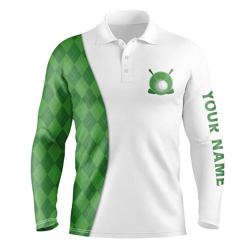 Golf Polo shirts, White Mens Golf Polo Shirts Custom Green Argyle Plaid Pattern Golf Tops, Best Mens Golf Wear