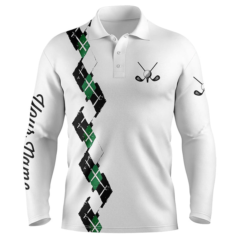 Golf Polo shirts, White Mens Golf Polo Shirts Custom Name Green And Black Plaid, Best Golf Gifts For Mens