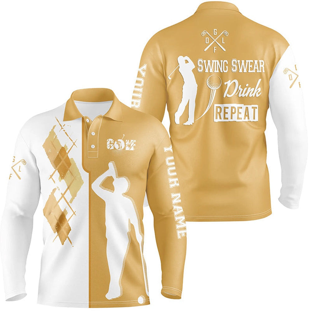 Golf Polo shirts, White Yellow Men Golf Polo Upf Shirts Custom Swing Swear Drink Repeat Golf Beer Shirt, Golf Outfit Men
