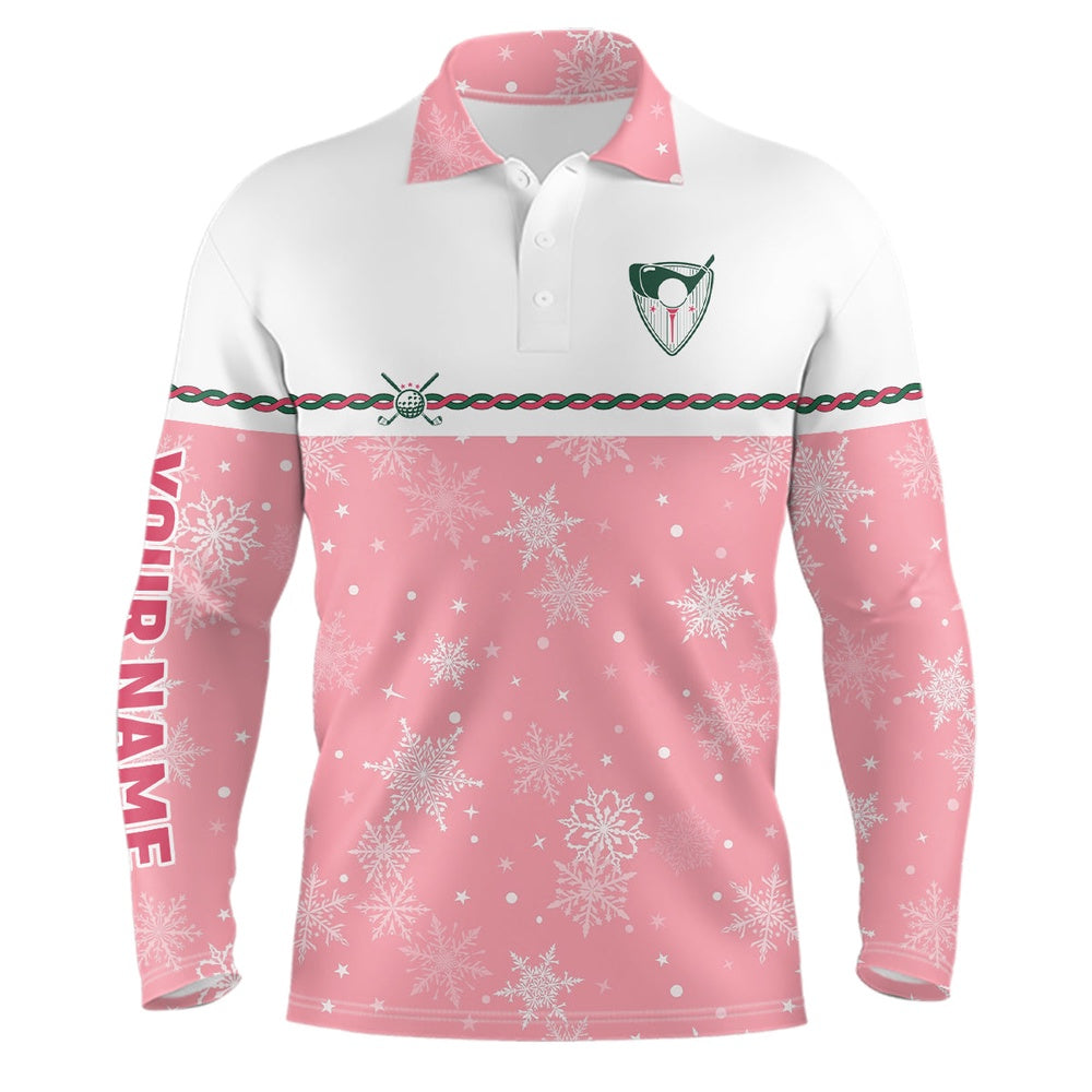 Golf Polo shirts, Winter Snowflakes Pink Christmas Golf Mens Polo Shirt Custom Cute Golf Gifts For Men Golf Outfit