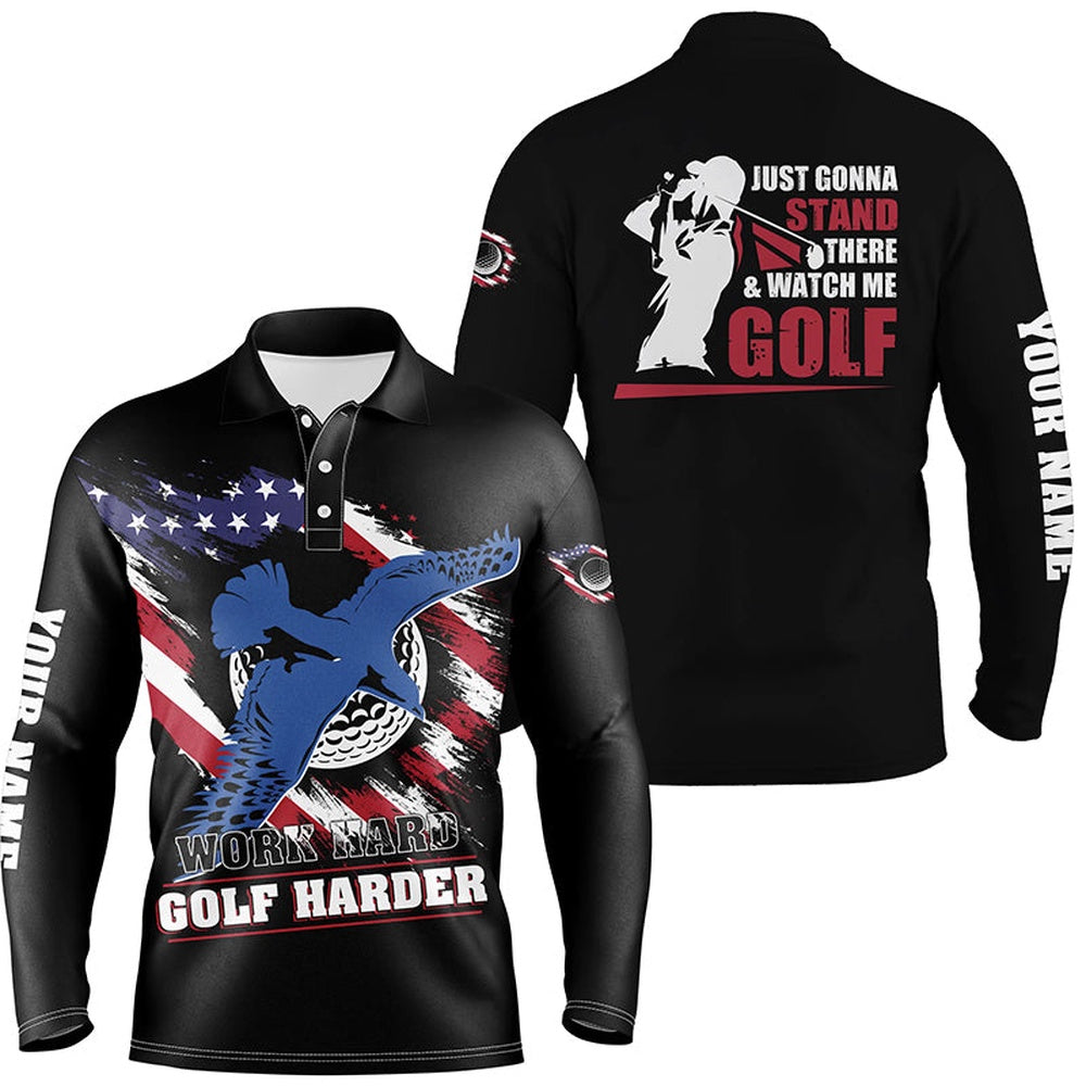 Golf Polo shirts, Work Hard Golf Harder Albatross American Flag Polo Shirt, Patriotic Golf Shirts For Men