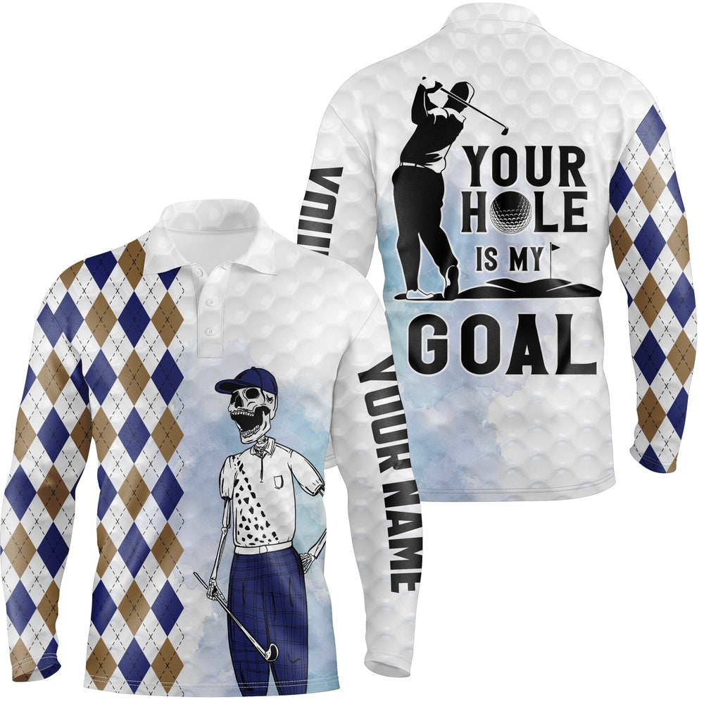 Golf Polo shirts, Your Hole Is My Goal Argyle Pattern Skull Golf Shirts Scary Golf Tops For Men Golf Gifts