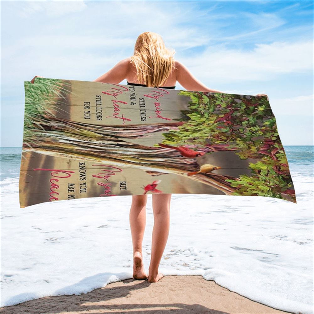 Green Tree, Watercolor Cardinal, My Mind Still Talks To You Beach Towel, Christian Beach Towel, Christian Gift, Gift For Women