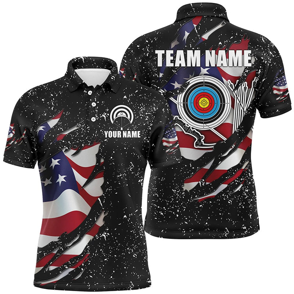 Grunge American Flag Target Archery Sets Men Polo Shirts Custom Patriotic Archery Jersey Attire, Archery Team Shirts, Custom Archery Shirts